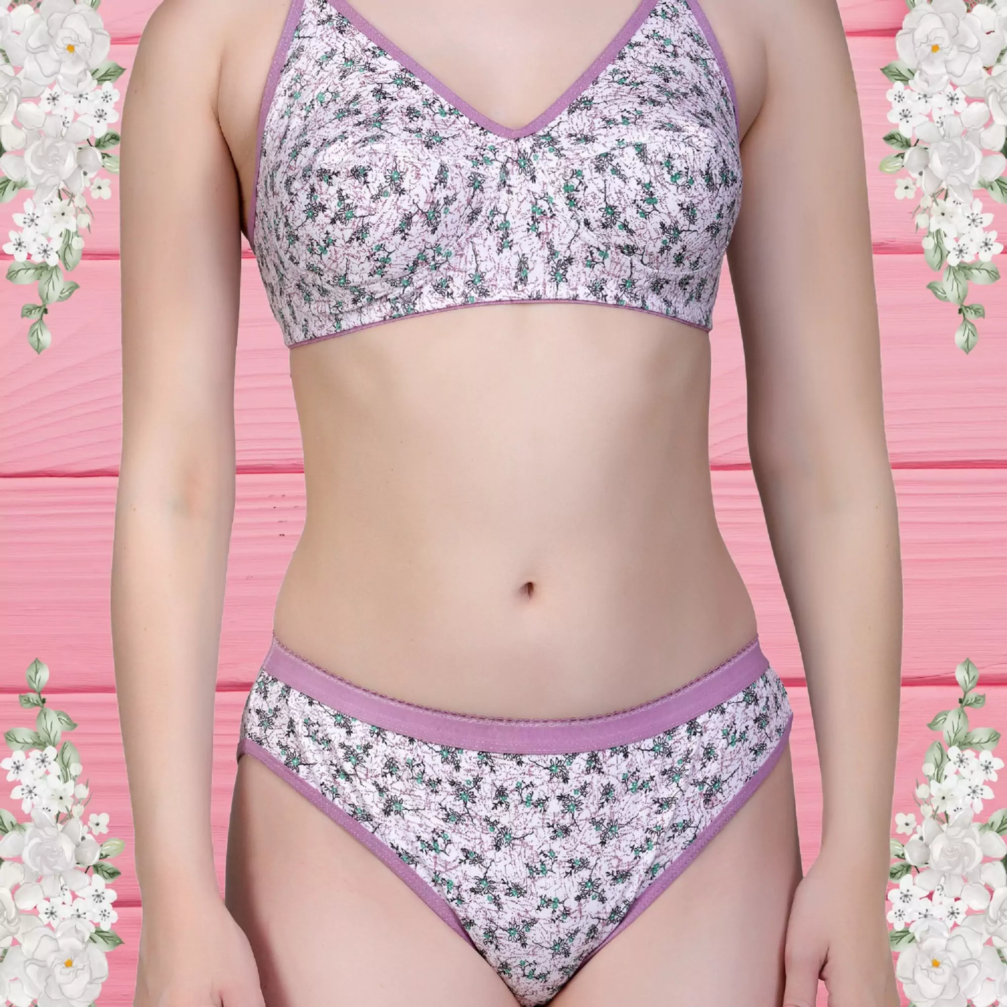 💖 TCG 🌼 Floral Design Cotton Bra & Panty 3pcs Combo 👙☁️