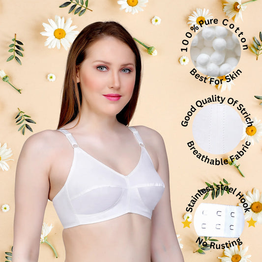 ✨ TCG 100% Cotton 🌿 Full Coverage White 👙 Bra for Daily Use ☁️