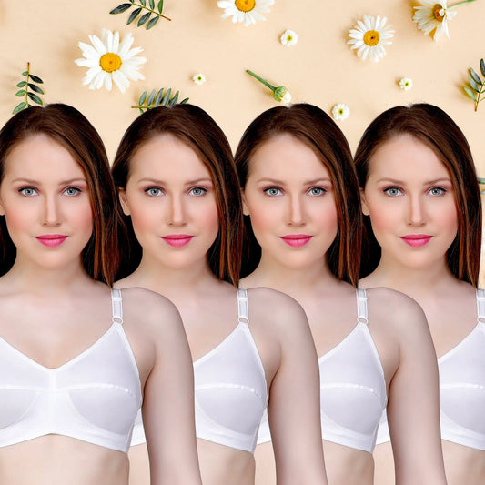 ✨ TCG 100% Cotton 🌿 Full Coverage White 👙 4pcs Combo Bra Set for Daily Use ☁️