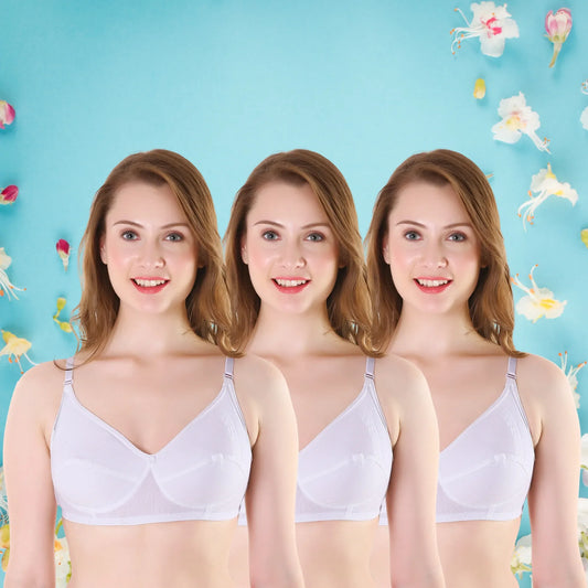 💖 TCG 🤍 Full Coverage 👙 Daily Use Breathable ☁️ White 3pcs Combo Bra 🎨