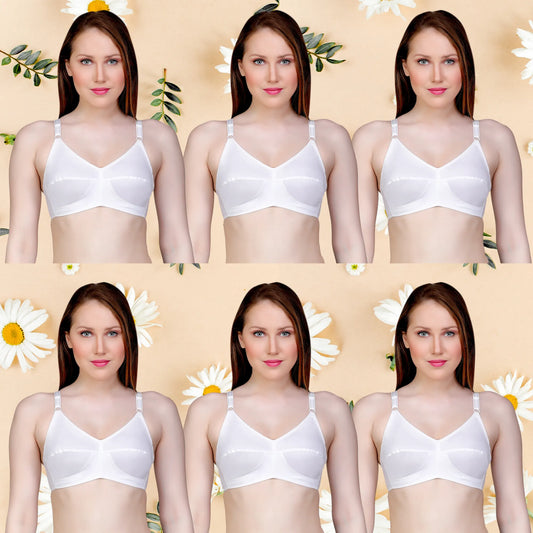 ✨ TCG 100% Cotton 🌿 Full Coverage White 👙 6pcs Combo Bra Set for Daily Use ☁️