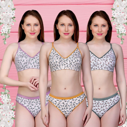 💖 TCG 🌼 Floral Design Cotton Bra & Panty 3pcs Combo 👙☁️
