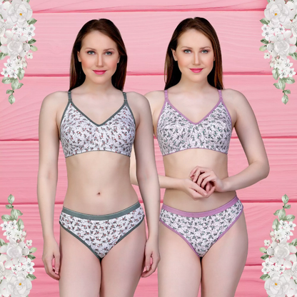 ✨ TCG 🌸 Flower Print Design 👙 Daily Use Cotton Bra & Panty 👗 2pcs Combo Set 💖