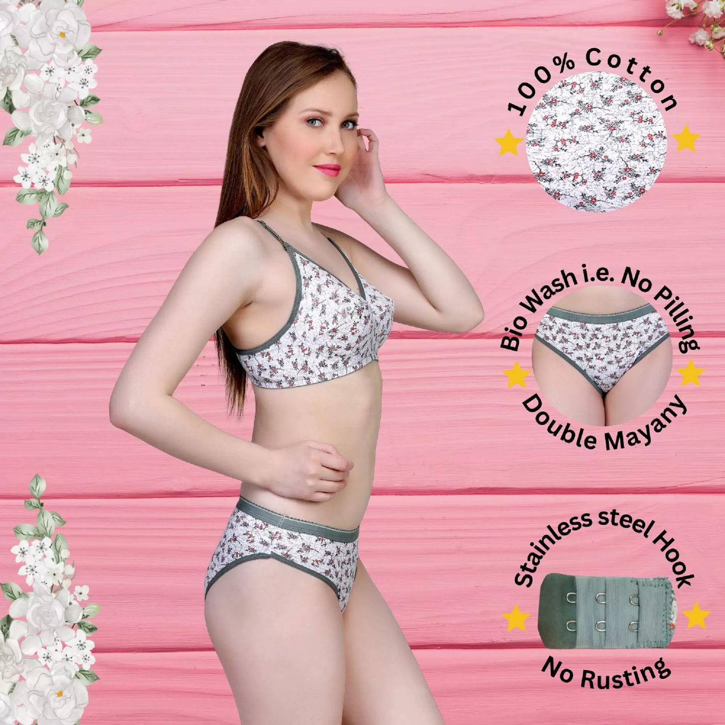 ✨ TCG 🌸 Flower Print Design 👙 Daily Use Cotton Bra & Panty 👗 2pcs Combo Set 💖