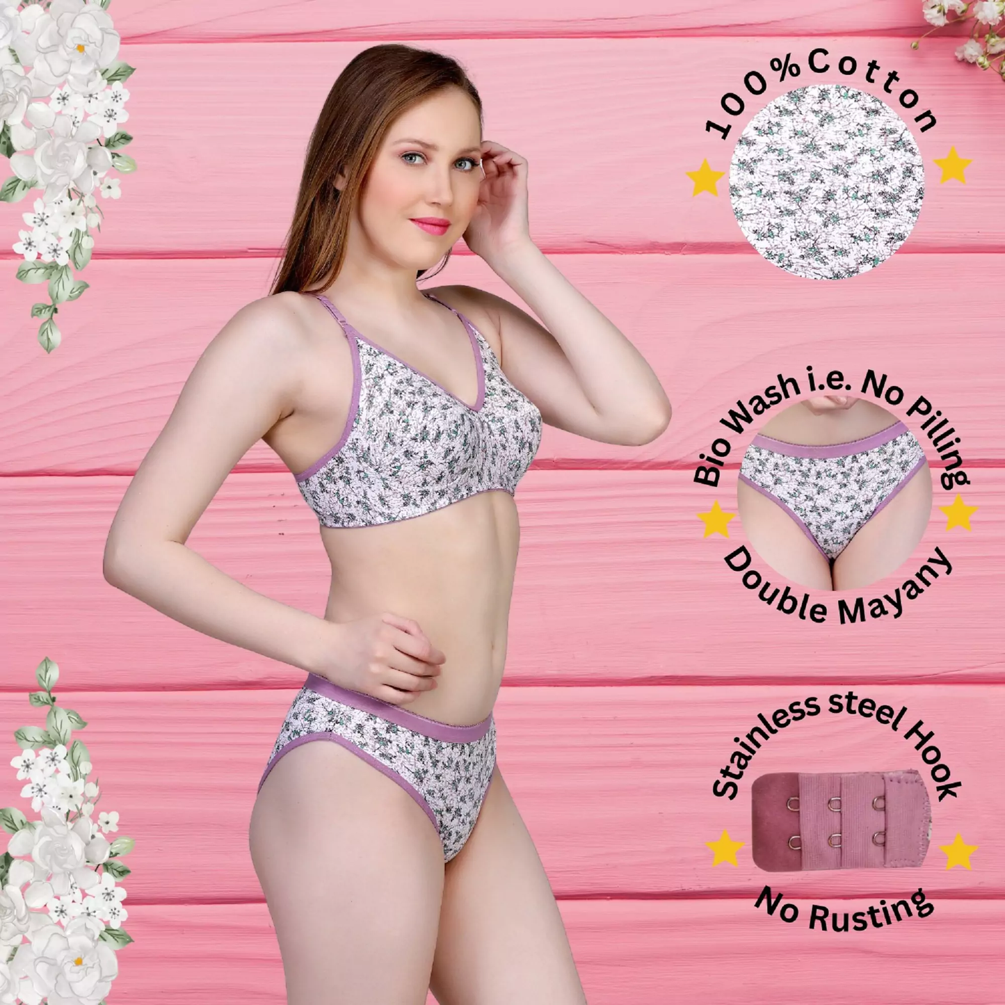 ✨ TCG 🌸 Flower Print Design 👙 Daily Use Cotton Bra & Panty 👗 2pcs Combo Set 💖