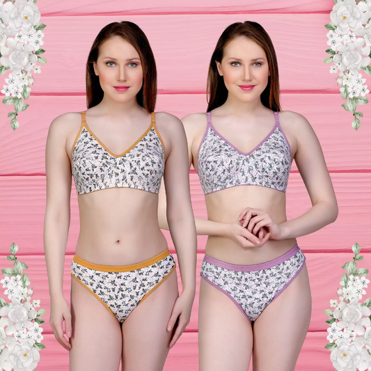 ✨ TCG 🌸 Flower Print Design 👙 Daily Use Cotton Bra & Panty 👗 2pcs Combo Set 💖