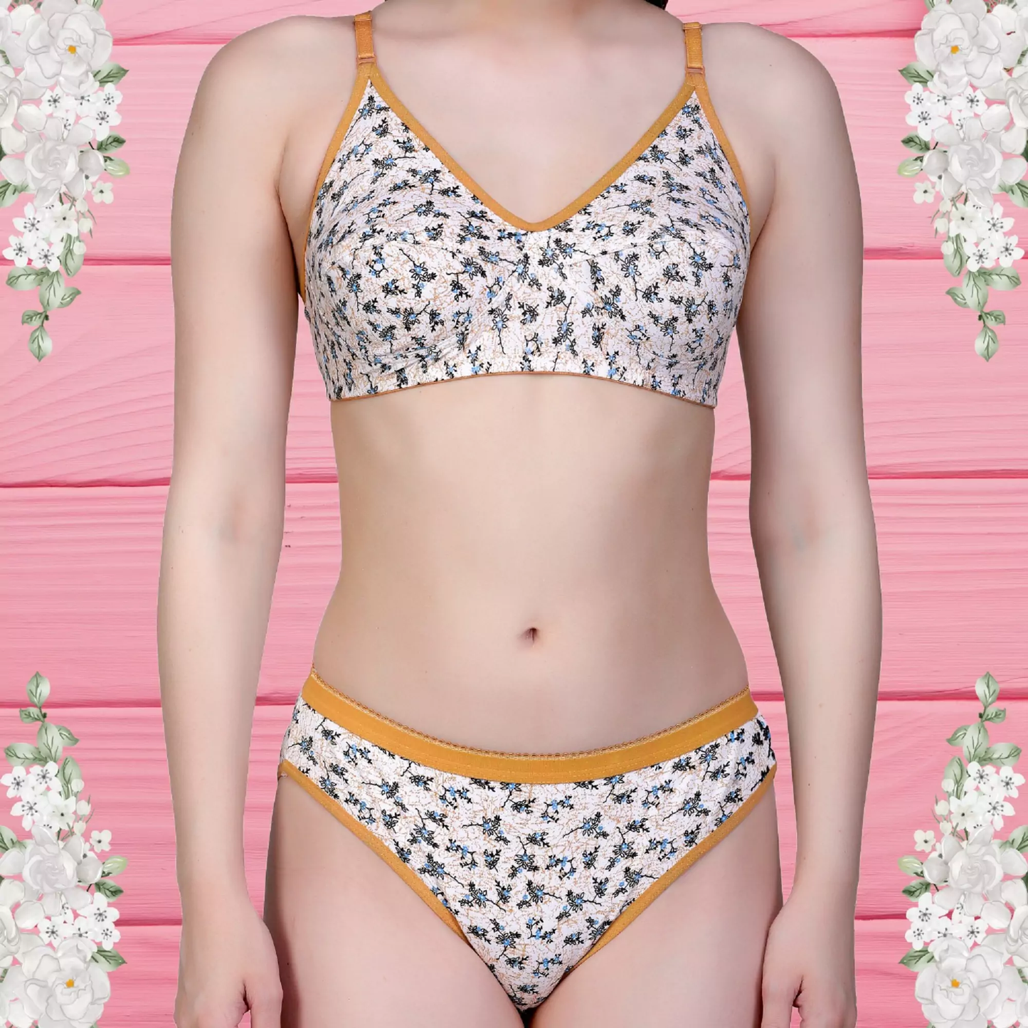 ✨ TCG 🌸 Flower Print Design 👙 Daily Use Cotton Bra & Panty 👗 2pcs Combo Set 💖