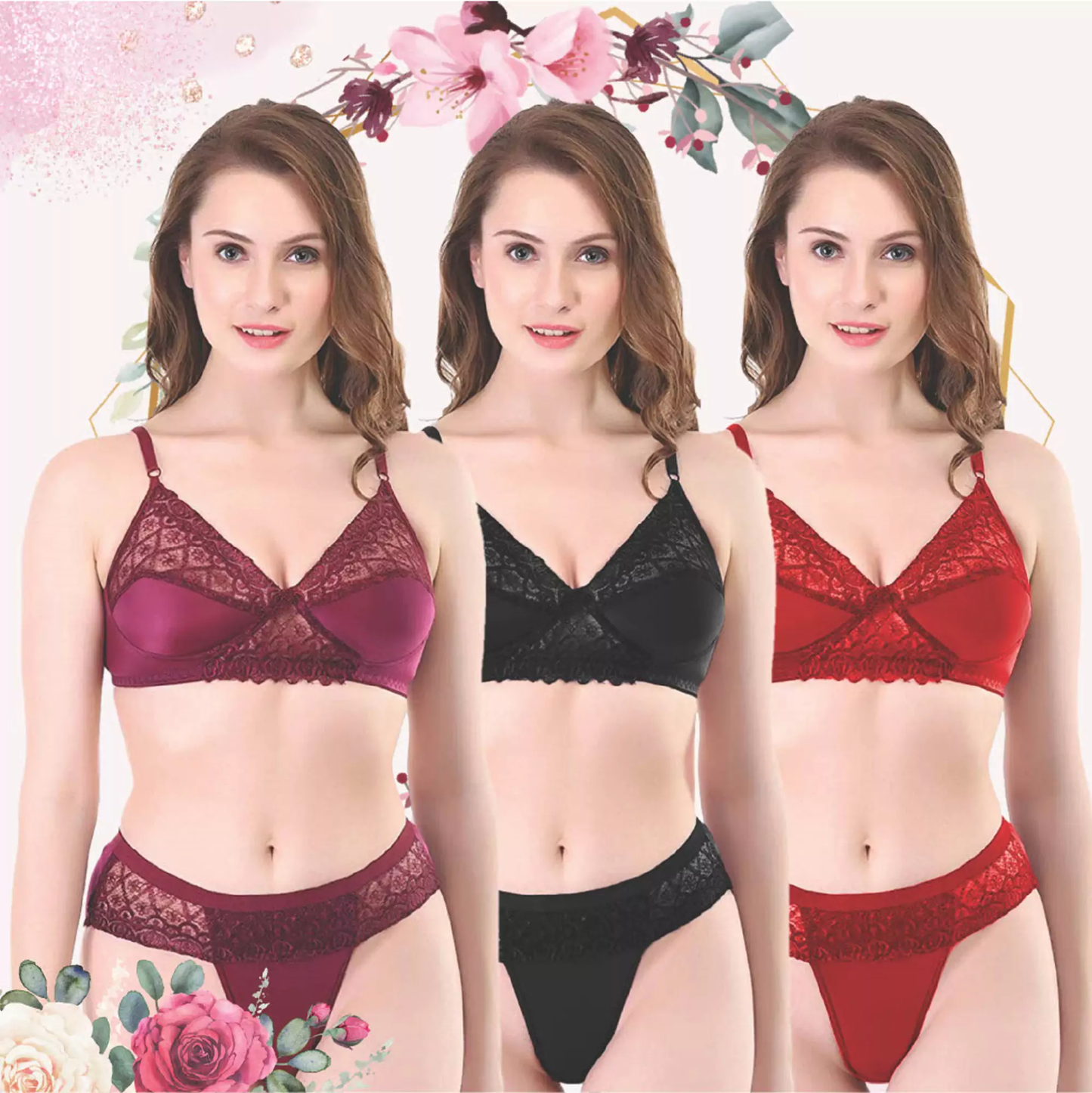 💖 TCG 👰 Bridal 3pcs Combo 🌹 Net Lingerie Set 👙