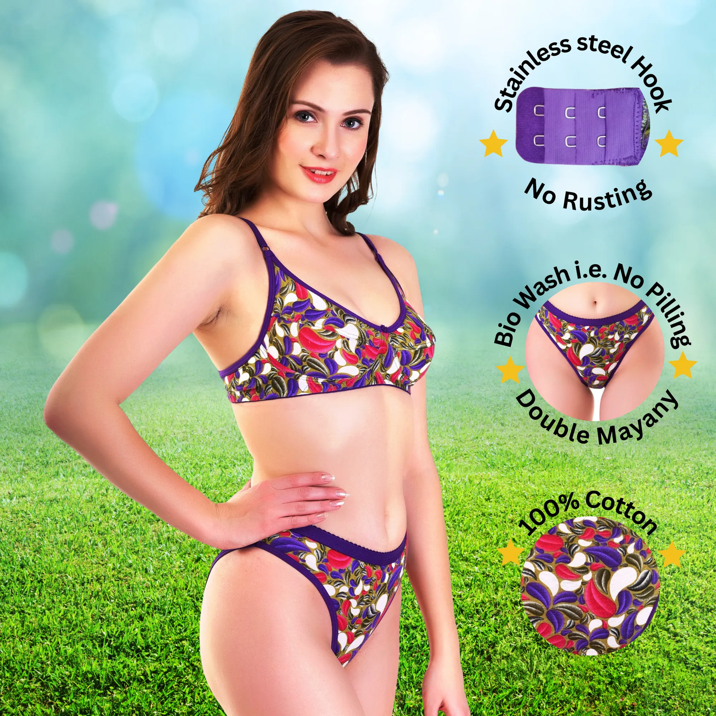✨TCG Peacock 🦚 Print Daily Use Cotton 🌿 Bra & Panty Set 👙